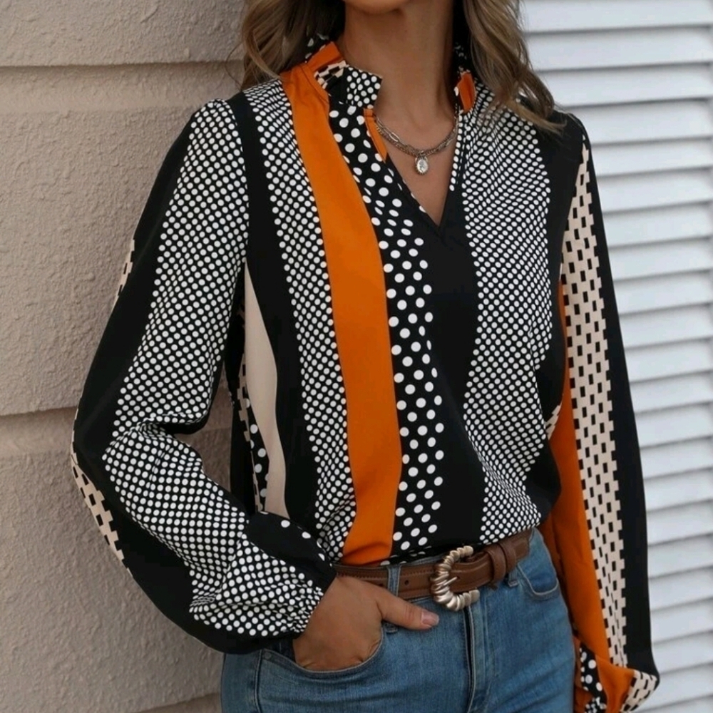Polka Dot Notched Neckline Blouse - Picture 6 of 6